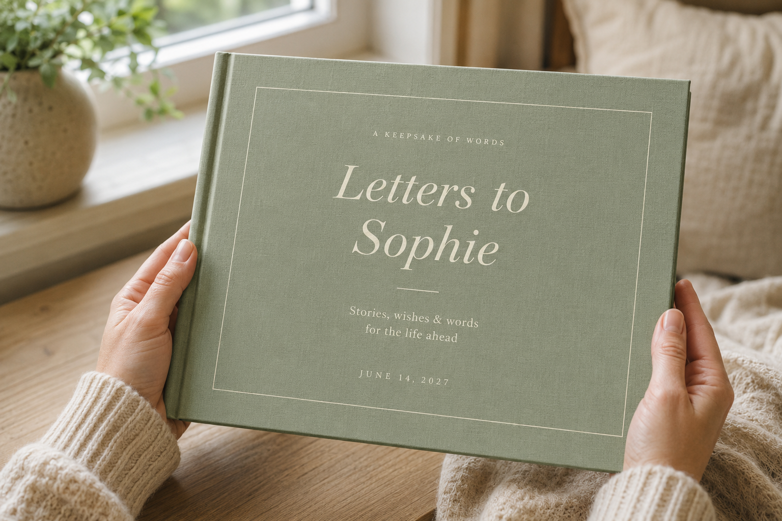 A woman holding a sage-green 10 by 8 landscape Letters to Sophie keepsake book in soft natural light
